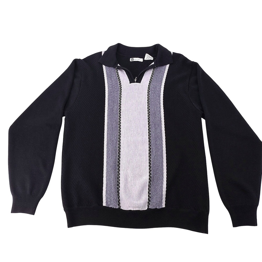 Bachrach Men Black Gray Stripe Quarter Zip‎ Sweater Merino Wool Blend Size L
